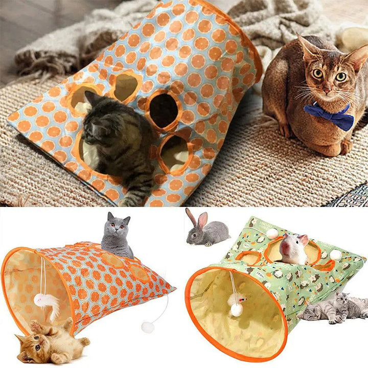 Kattunnelväska i polyestertaft med hängande leksaker, vikbar och färgglad, idealisk för kattens lek och vila.