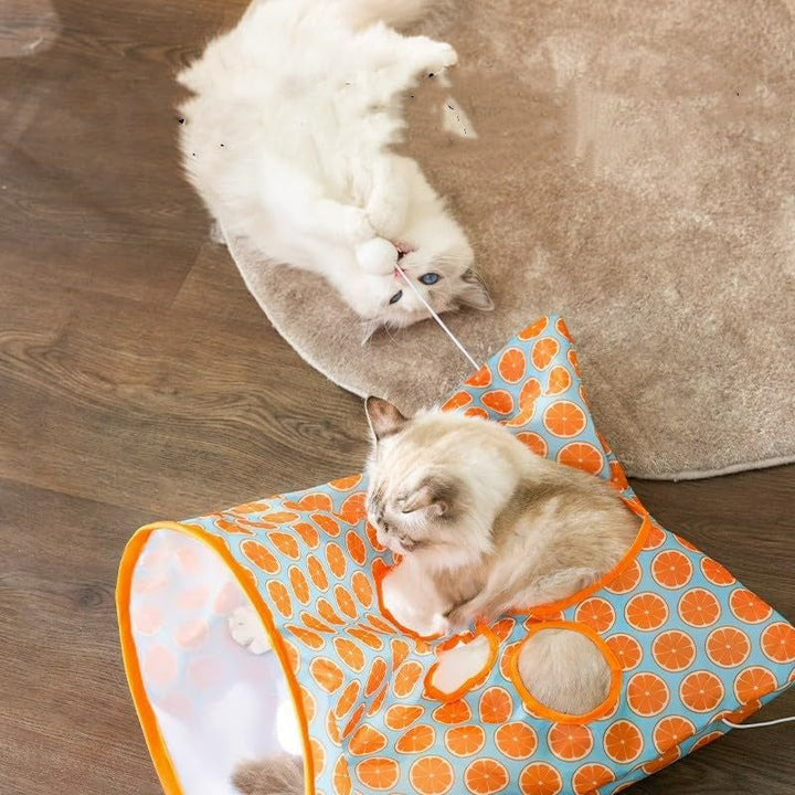 Kattunnelväska i polyestertaft med hängande leksaker, vikbar och färgglad, idealisk för kattens lek och vila.