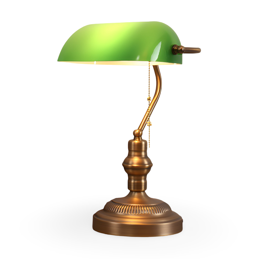 Vintage grön skrivbordslampa med mässingsfot. En designlampa som förhöjer din kontorsmiljö.