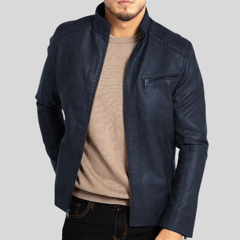 Stilren David herrjacka, klassisk svart bikerjacka. Ett vindtätt ytterplagg som ger herrmode en tidlös och casual touch.