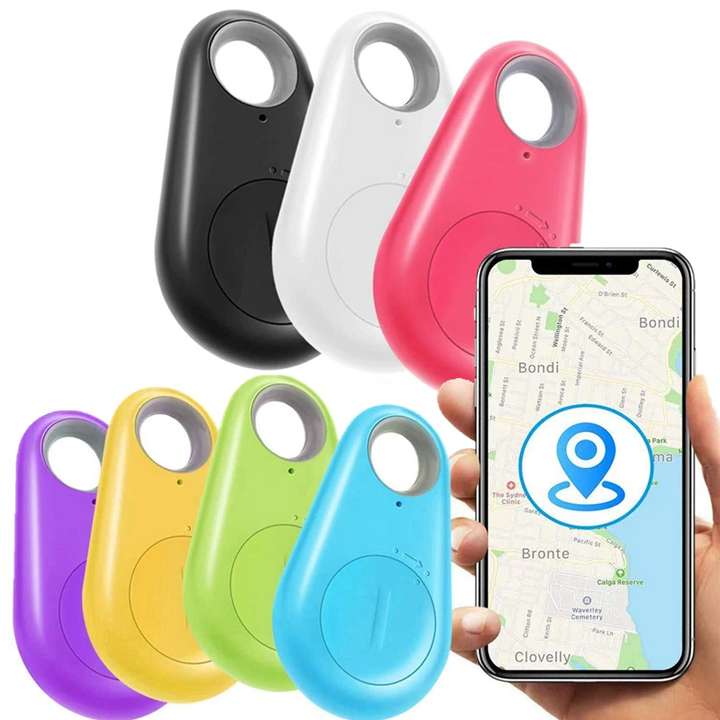 Kompakta GPS-spårare i olika färger tillsammans med mobilapp