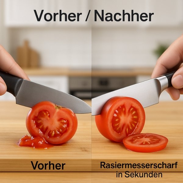 Före och efter bild som visar tomat skuren med vass kniv