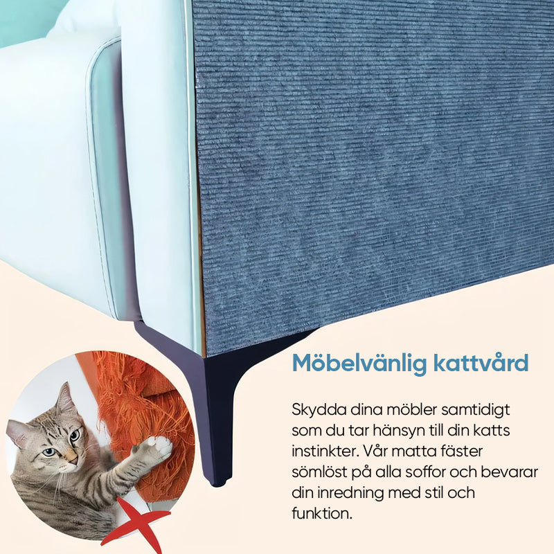 "Klösmatta för katter i polyester, finns i khaki, ljusgrå och mörkgrå. Hållbar lösning för skydd av möbler."