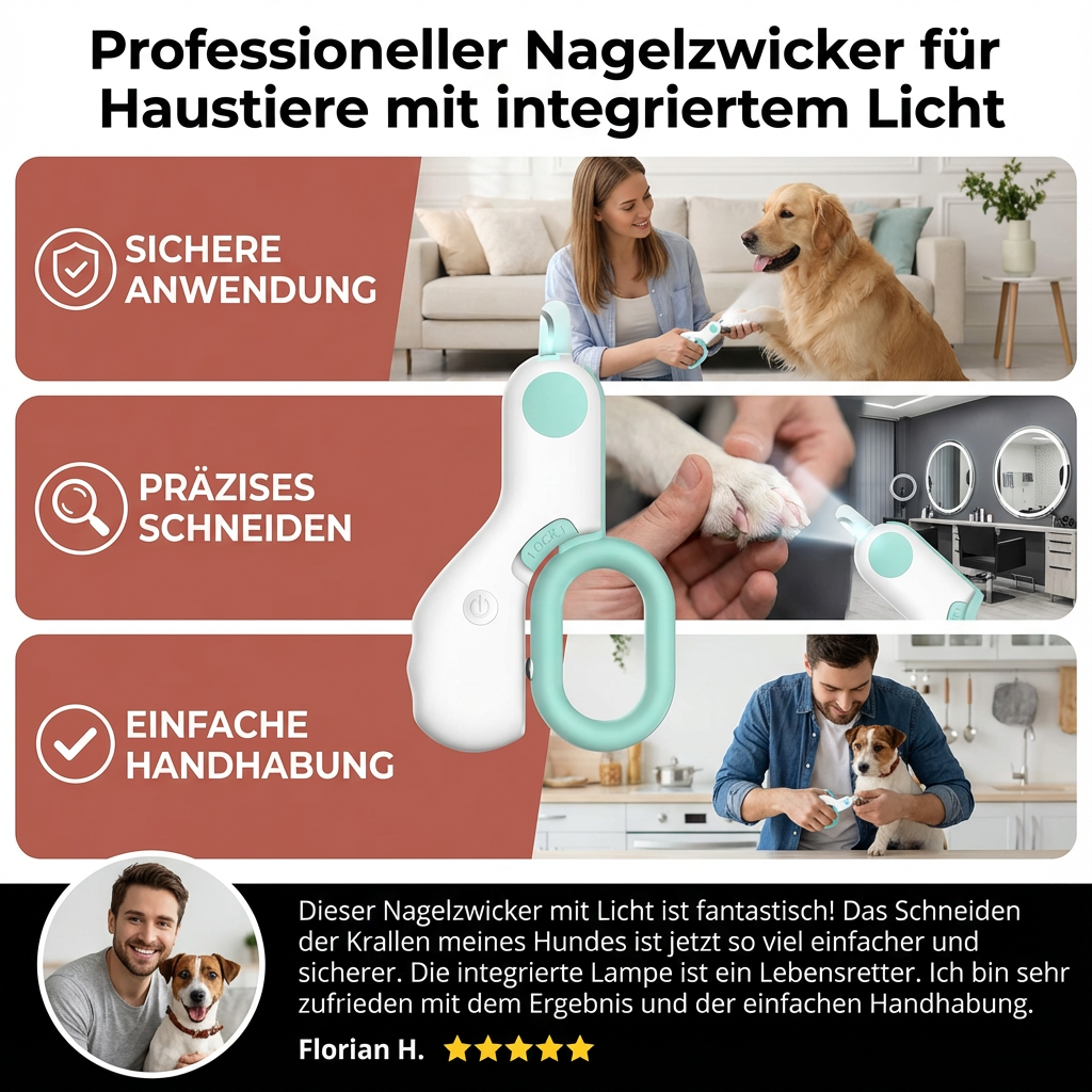 Precisionsklotång för hund och katt med säkerhetsstopp och LED-belysning för stressfri djurvård.