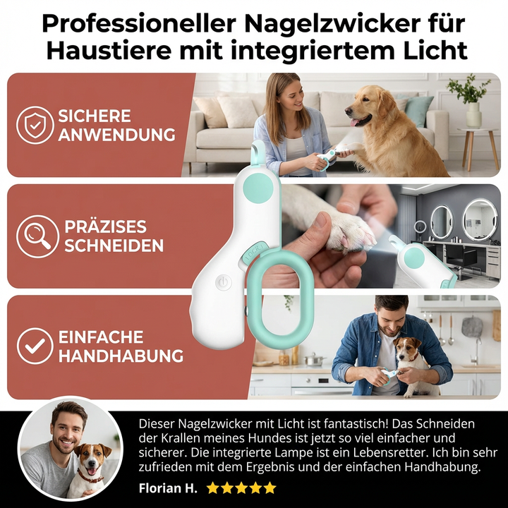 Precisionsklotång för hund och katt med säkerhetsstopp och LED-belysning för stressfri djurvård.