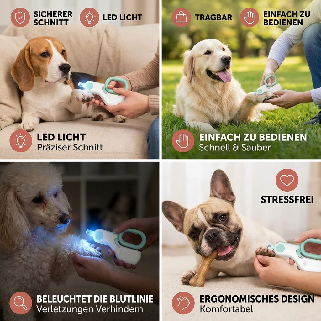 Ergonomisk klotång med skarp klinga och LED-ljus för säker kloklippning av husdjur, katt & hund.