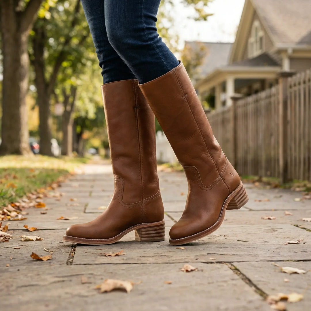 Knähöga damstövlar "Kayla" med bekvämt slip-on insteg och elegant blockklack, perfekta för vardagsstil.