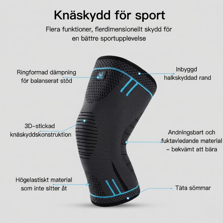 Teknisk översikt över knäskyddets olika funktioner som dämpning, halkskydd och material.