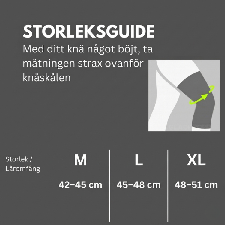 Storleksguide som visar hur låromfånget mäts strax ovanför knäskålen.