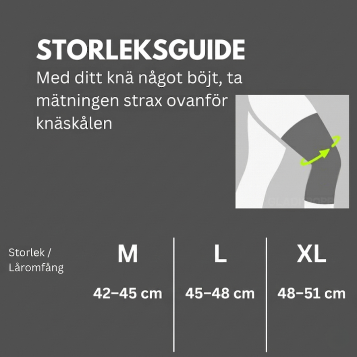 Storleksguide som visar hur låromfånget mäts strax ovanför knäskålen.
