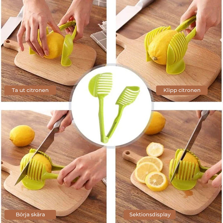 Köksverktyg för snabb slicing i grön och svart ABS-plast, med ergonomiska handtag, för säker och snabb skärning av frukt och grönsaker.