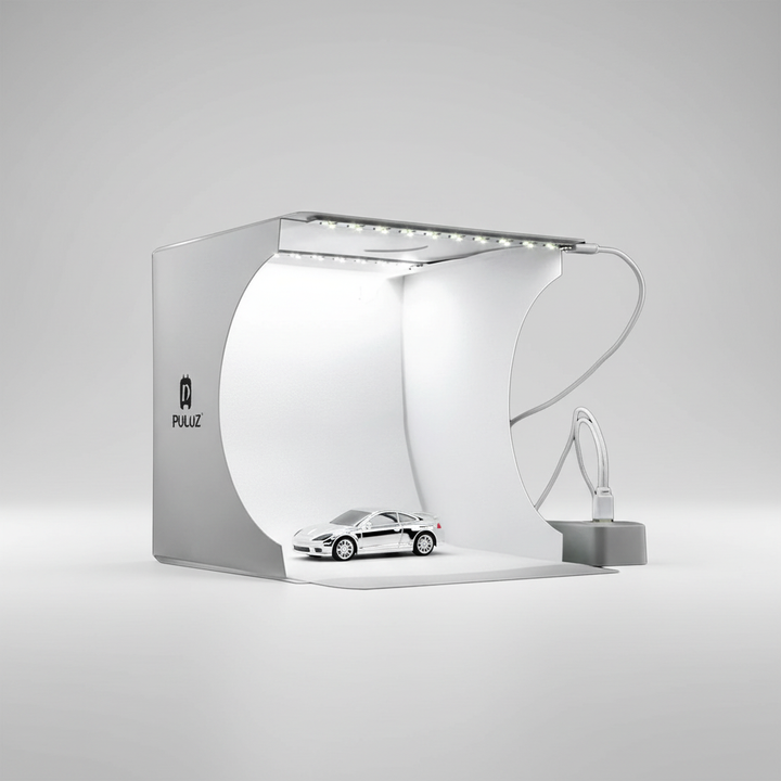 Mini fotostudio med inbyggd LED-belysning och olika bakgrunder, perfekt för skarpa, professionella bilder.