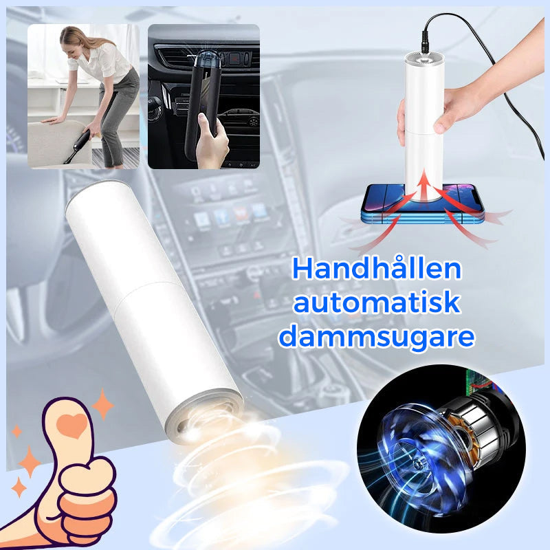 "Kompakt bärbar handdammsugare med kraftig sugning, perfekt för bilinteriörstädning. Svart design med mångsidiga munstycken."