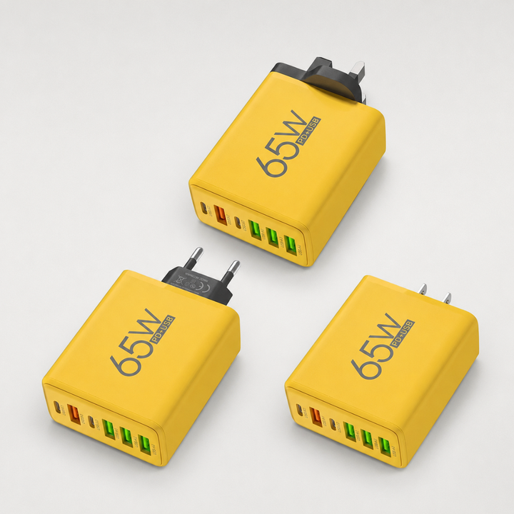 GaN-snabbladdare i gul färg med synliga USB-portar och utbytbara kontakter