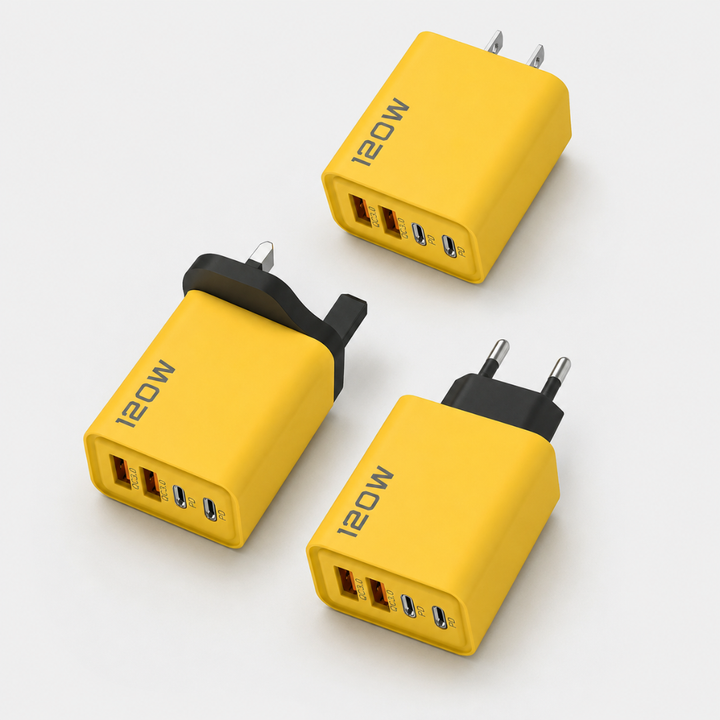 Kraftfull 120W GaN-laddare i gul design med flera utgångar