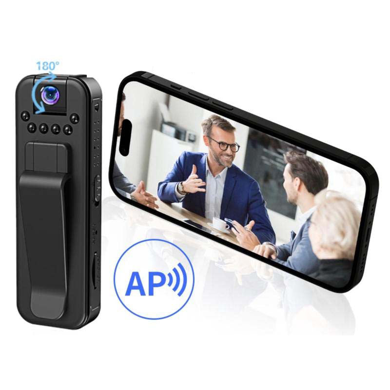 "Kompakt HD-fickinspelare med mörkerseende, clip-on-design, svart yta och inbyggd mikrofon för diskret inspelning."