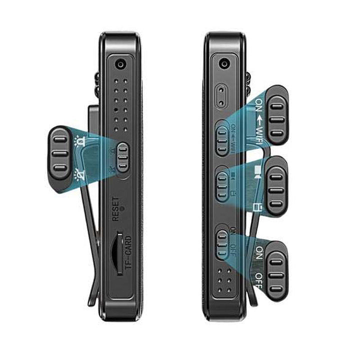 "Kompakt HD-fickinspelare med mörkerseende, clip-on-design, svart yta och inbyggd mikrofon för diskret inspelning."