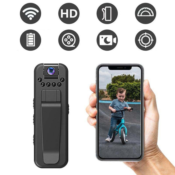 "Kompakt HD-fickinspelare med mörkerseende, clip-on-design, svart yta och inbyggd mikrofon för diskret inspelning."