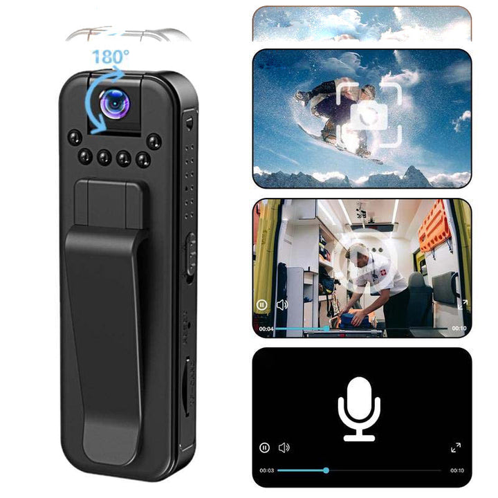 "Kompakt HD-fickinspelare med mörkerseende, clip-on-design, svart yta och inbyggd mikrofon för diskret inspelning."