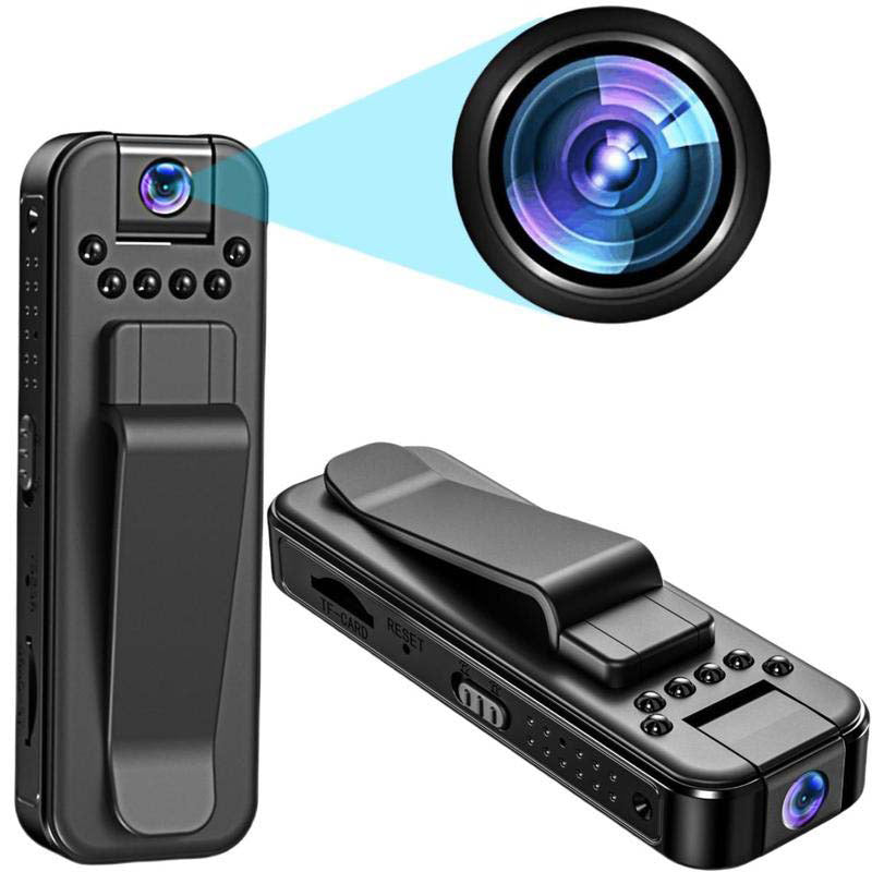 "Kompakt HD-fickinspelare med mörkerseende, clip-on-design, svart yta och inbyggd mikrofon för diskret inspelning."
