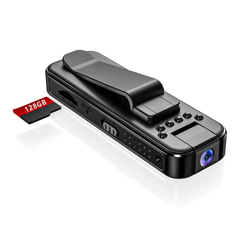 "Kompakt HD-fickinspelare med mörkerseende, clip-on-design, svart yta och inbyggd mikrofon för diskret inspelning."