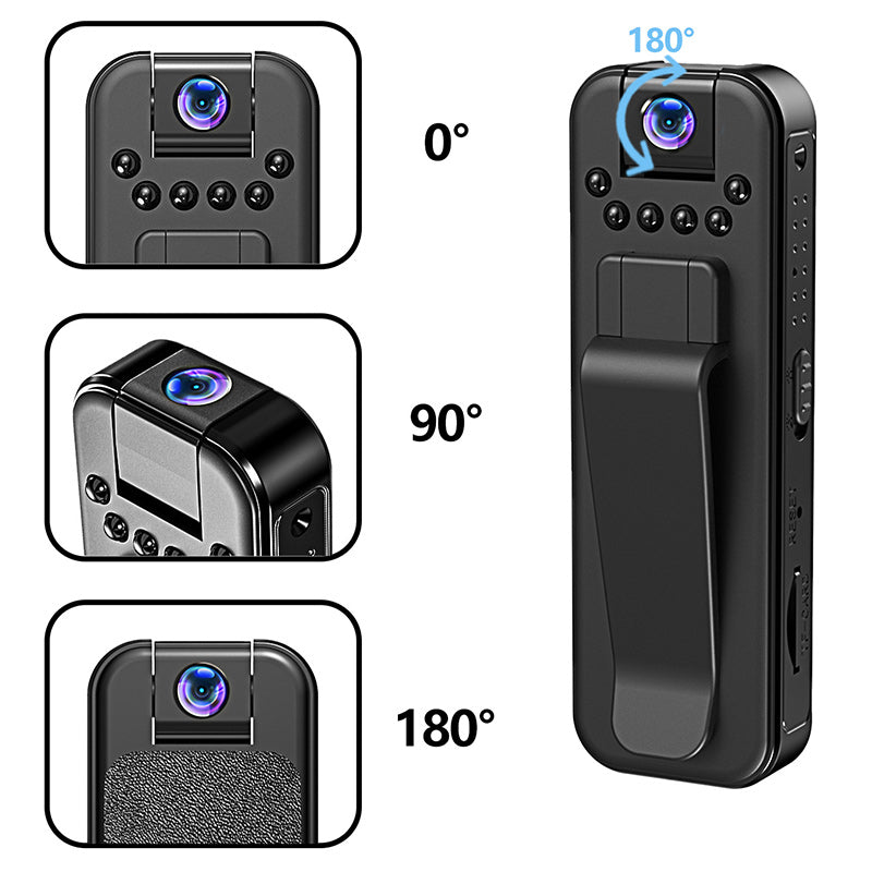 "Kompakt HD-fickinspelare med mörkerseende, clip-on-design, svart yta och inbyggd mikrofon för diskret inspelning."