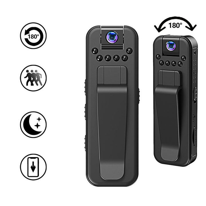 "Kompakt HD-fickinspelare med mörkerseende, clip-on-design, svart yta och inbyggd mikrofon för diskret inspelning."