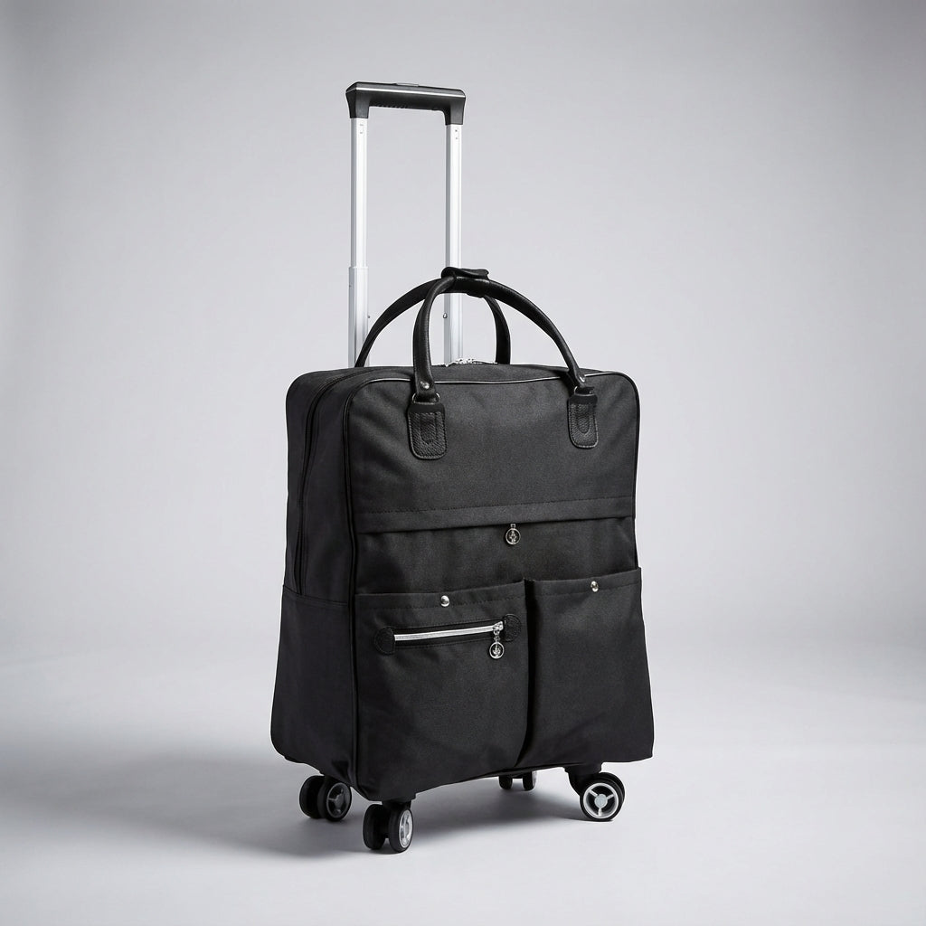 Svart SwiftCabin miniväska med laptopfack, vattenavvisande Oxford-tyg och slittåliga spinnerhjul för resa.