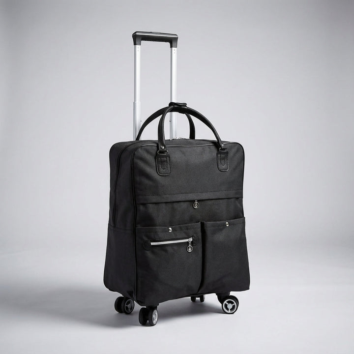 Svart SwiftCabin miniväska med laptopfack, vattenavvisande Oxford-tyg och slittåliga spinnerhjul för resa.