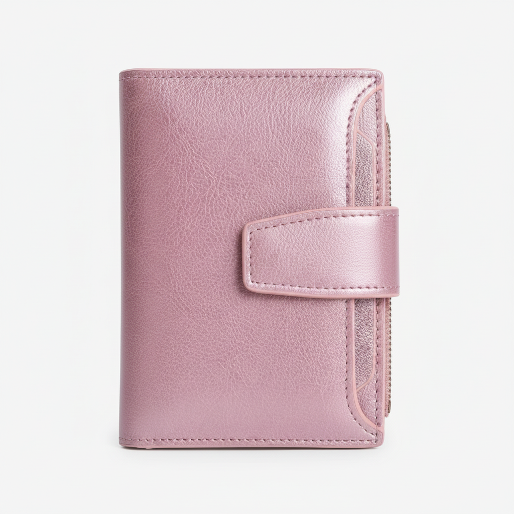 Elegant damplånbok i äkta läder, kompakt design med inbyggt RFID-skydd.