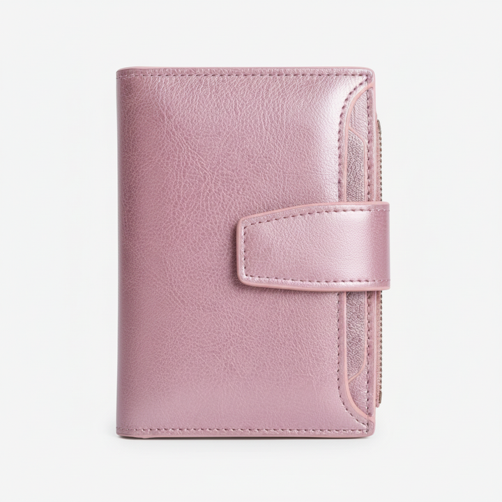 Elegant damplånbok i äkta läder, kompakt design med inbyggt RFID-skydd.
