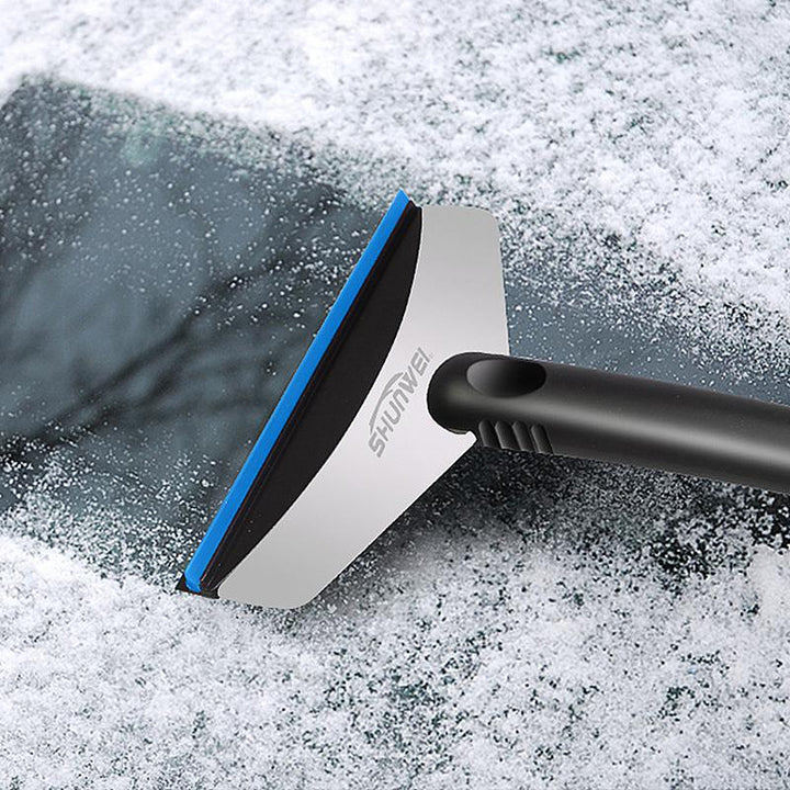 Kompakt mini snöskyffel för bil, ergonomisk design, skyddar glas från repor. Perfekt för enkel snöröjning.
