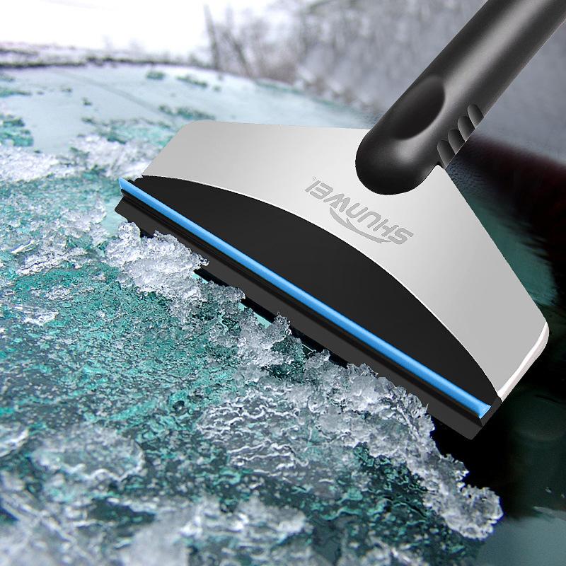 Kompakt mini snöskyffel för bil, ergonomisk design, skyddar glas från repor. Perfekt för enkel snöröjning.