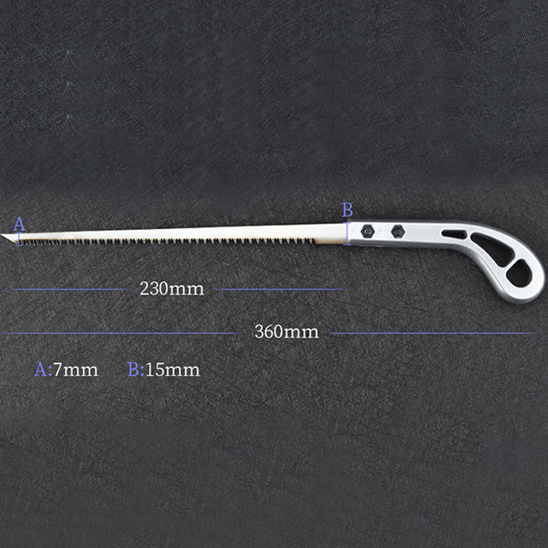 "Kompakt mini träsåg för trädgårdsarbete, silverfärgad med SK manganstålsblad, längd 360 mm, för precis beskärning."