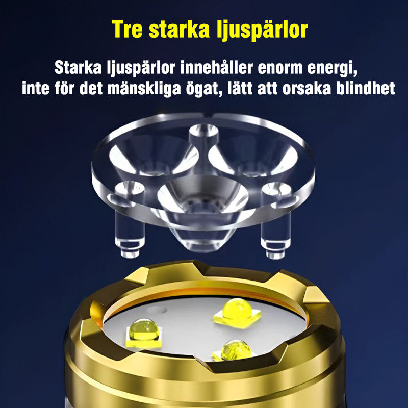 "Kompakt och slitstark ficklampa med tre LED, bärbar design för friluftsbruk, stötsäker och vattentät, perfekt för camping."