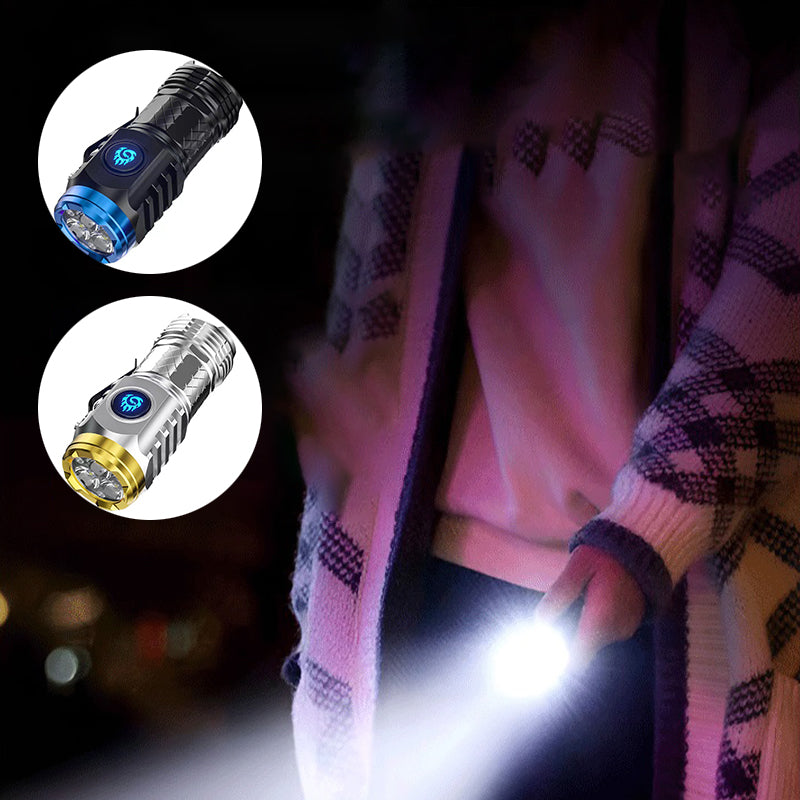 "Kompakt och slitstark ficklampa med tre LED, bärbar design för friluftsbruk, stötsäker och vattentät, perfekt för camping."