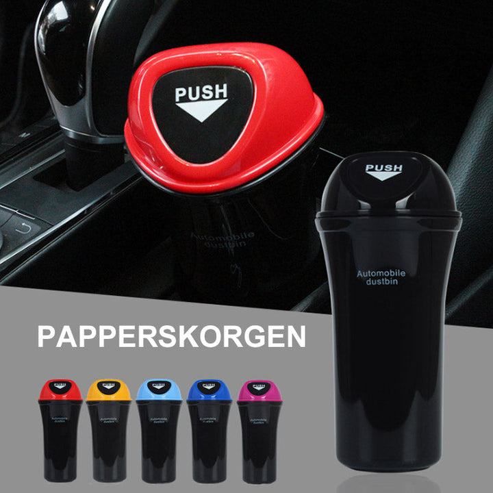 "Kompakt papperskorg för bil, diskret design med skjutlock, hållbart ABS-material, tillgänglig i flera färger."