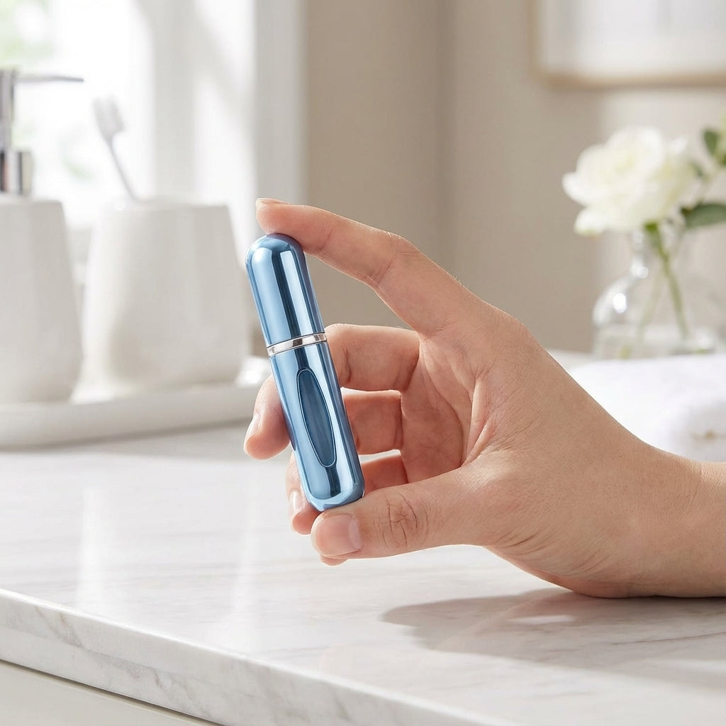 Kompakt PocketMist reseparfymatomisator i aluminium, perfekt för att ta med din favoritdoft på resan.