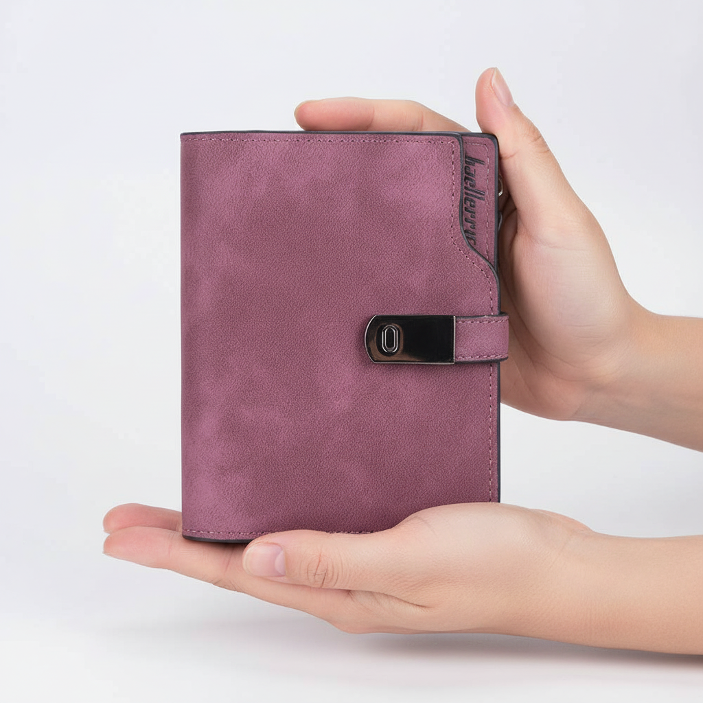 Närbild på en elegant kort damplånbok i rött PU-läder med magnetisk stängning. Kompakt accessoar.