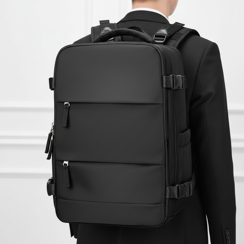 Svart stilren reseryggsäck med laptopfack, perfekt för arbete, skola och resor.