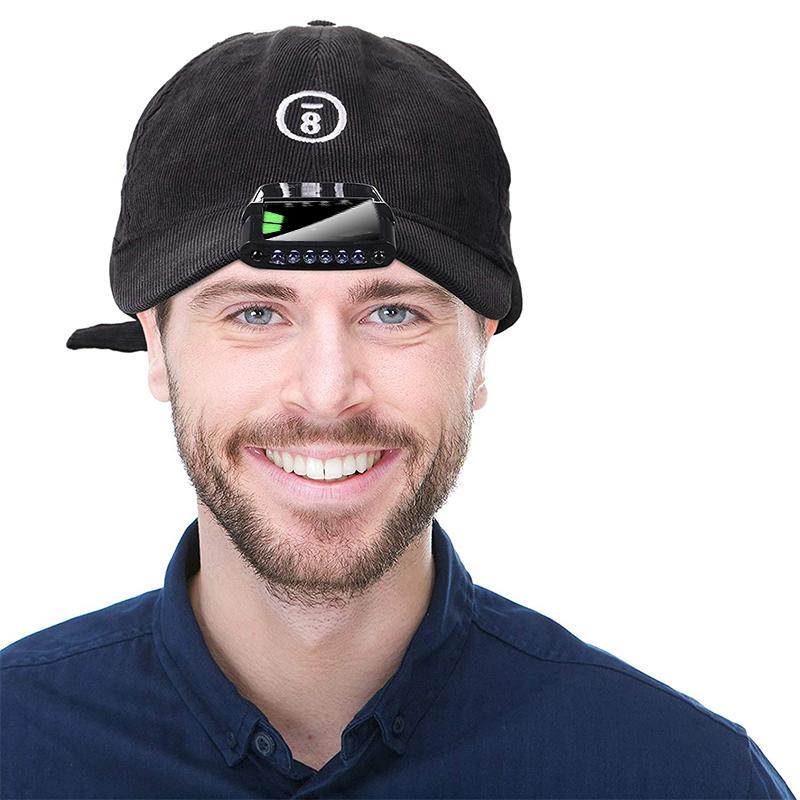 Kompakt svart klämm-på LED-hattlampa med geststyrd teknik, justerbar vinkel och USB-laddning för handsfree belysning.