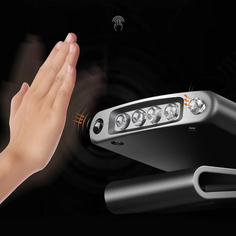 Kompakt svart klämm-på LED-hattlampa med geststyrd teknik, justerbar vinkel och USB-laddning för handsfree belysning.