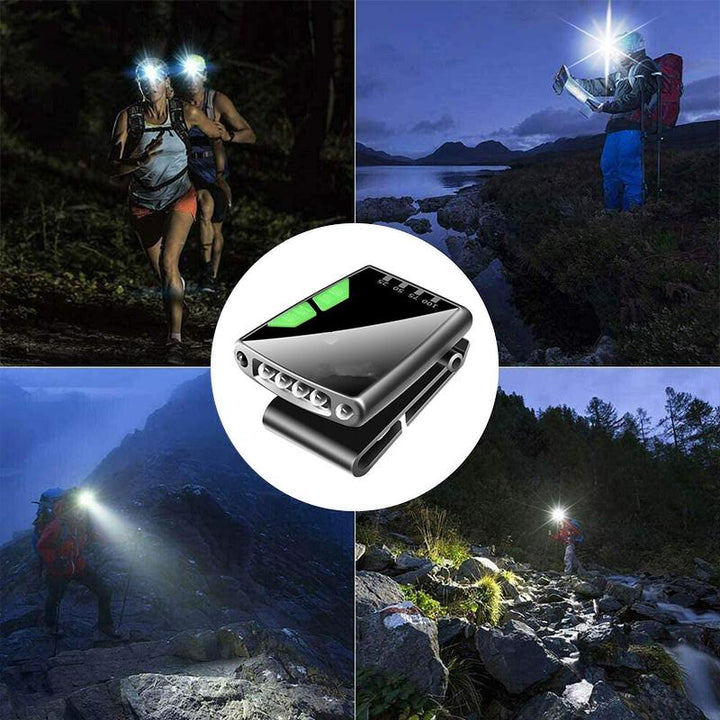 Kompakt svart klämm-på LED-hattlampa med geststyrd teknik, justerbar vinkel och USB-laddning för handsfree belysning.