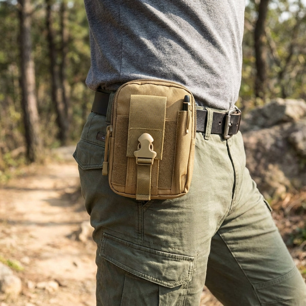 Kompakt svart MOLLE-ficka för taktisk utrustning. Robust EDC-förvaring för friluftsliv, vandring & outdoor.