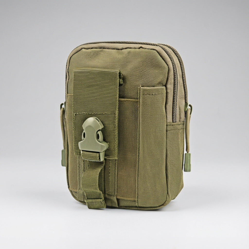 Khaki MOLLE-ficka för utrustning och EDC. Kan fästas på bälte eller ryggsäck. Robust förvaring för outdoor.