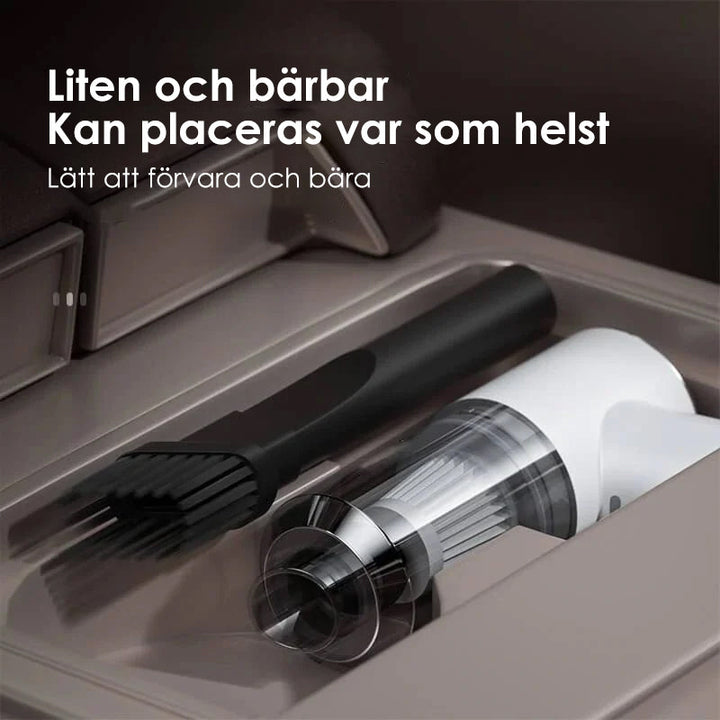 "Kompakt trådlös handhållen bildammsugare i svart för hem och bil, med kraftfull sugkapacitet och enkel hantering."
