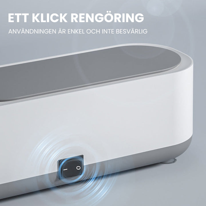 "Kompakt vit och grå ultraljudsrengöringsmaskin, idealisk för smycken och glasögon, bärbar och effektiv rengöring."