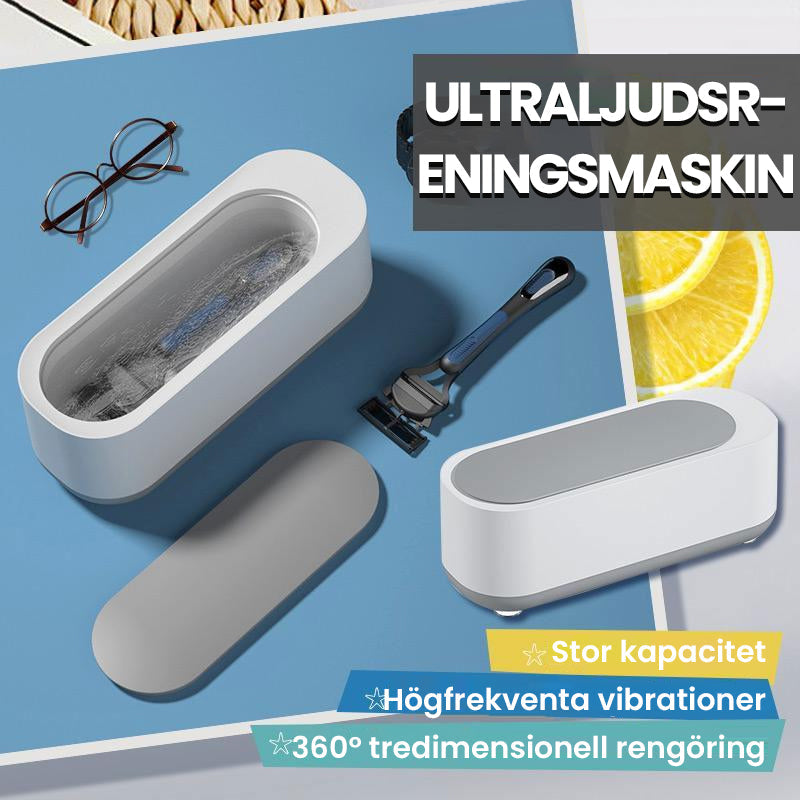 "Kompakt vit och grå ultraljudsrengöringsmaskin, idealisk för smycken och glasögon, bärbar och effektiv rengöring."