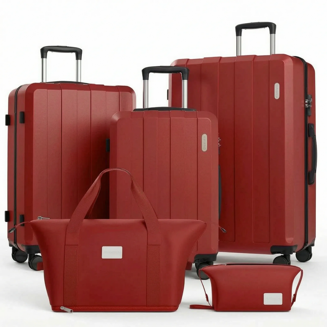 Allt-i-ett 5-delat resväskset: hårdskal, trolley, necessär. Idealisk för semester & organiserad packning.