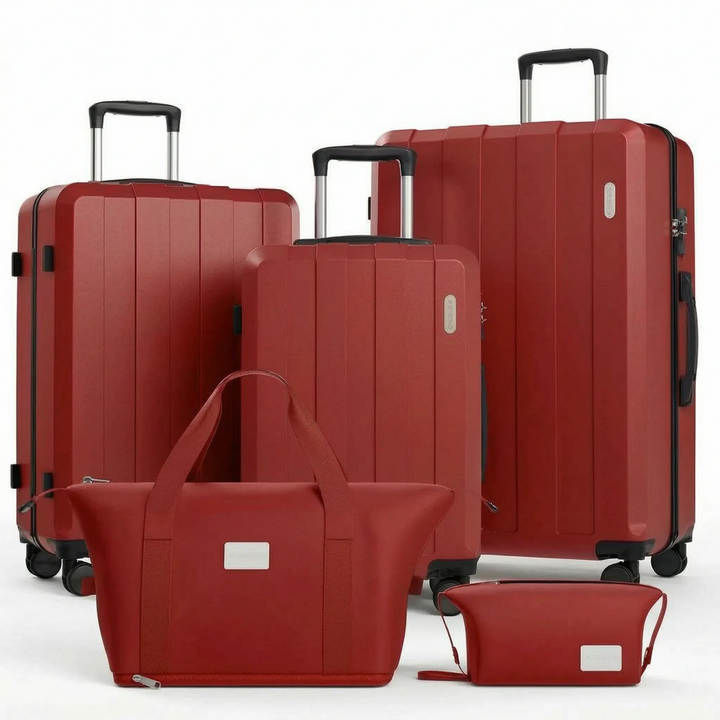 Allt-i-ett 5-delat resväskset: hårdskal, trolley, necessär. Idealisk för semester & organiserad packning.